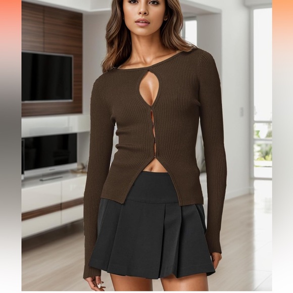 Women’s ribbed brown front clasp shirt Y2K - Picture 2 of 4